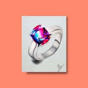 Druck eines silbernen Rings mit leuchtendem Edelstein in Pink-Blau-Violett – Kunstwerk von Nia Moody