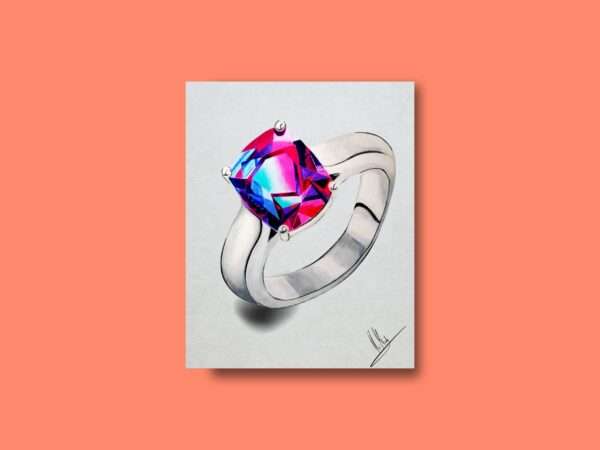 Druck eines silbernen Rings mit leuchtendem Edelstein in Pink-Blau-Violett – Kunstwerk von Nia Moody