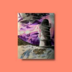 Druck eines Leuchtturms mit violettem Sturmhimmel und aufgewühltem Wasser – atmosphärisches Kunstwerk von Nia Moody