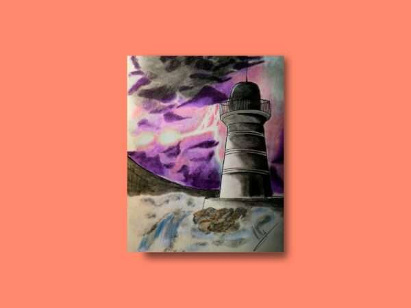 Druck eines Leuchtturms mit violettem Sturmhimmel und aufgewühltem Wasser – atmosphärisches Kunstwerk von Nia Moody