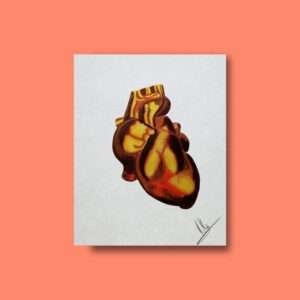 Druck eines anatomischen Herzens in goldgelben und rötlich-braunen Tönen – Kunstwerk von Nia Moody