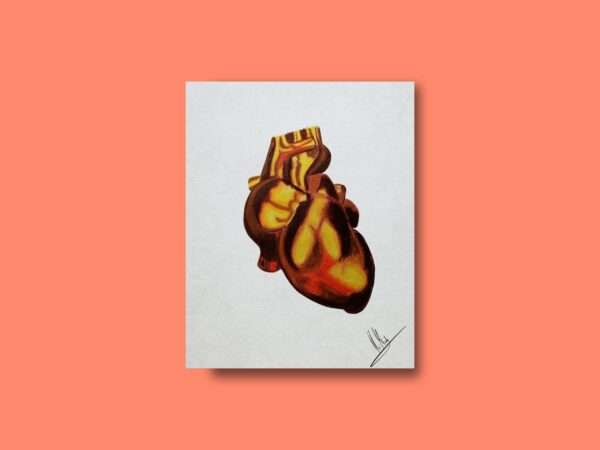 Druck eines anatomischen Herzens in goldgelben und rötlich-braunen Tönen – Kunstwerk von Nia Moody