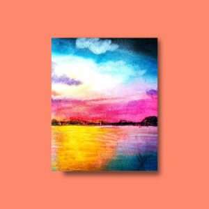 Druck eines farbintensiven Sonnenuntergangs mit Wasser und Himmel in Magenta, Blau und Gelb – Kunstwerk von Nia Moody
