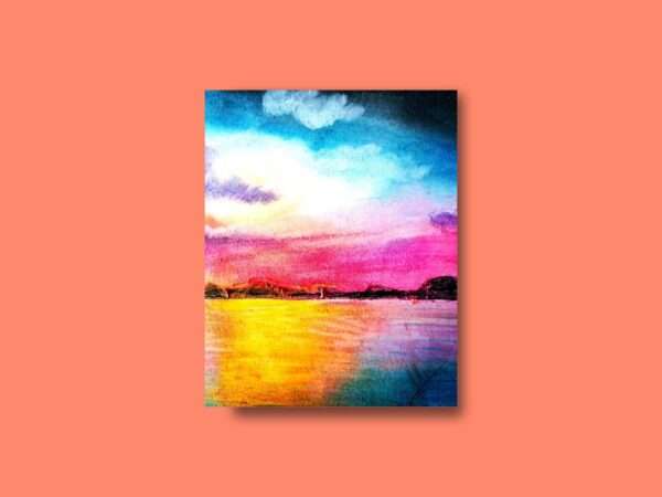 Druck eines farbintensiven Sonnenuntergangs mit Wasser und Himmel in Magenta, Blau und Gelb – Kunstwerk von Nia Moody