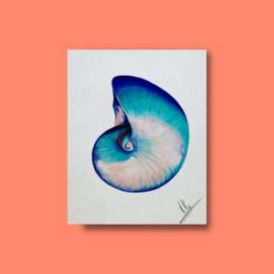 Druck einer spiralförmigen Muschel mit türkisen, blauen und rosafarbenen Nuancen – Kunstwerk von Nia Moody