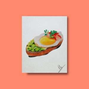 Druck eines Toastbrots mit Spiegelei, Gemüse und Salat – farbenfrohes Food-Art-Motiv von Nia Moody