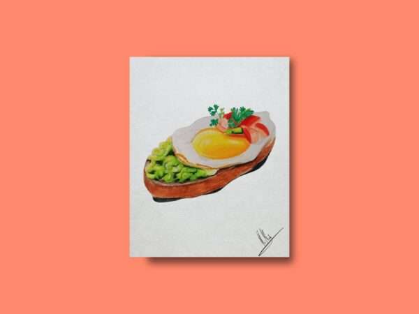 Druck eines Toastbrots mit Spiegelei, Gemüse und Salat – farbenfrohes Food-Art-Motiv von Nia Moody