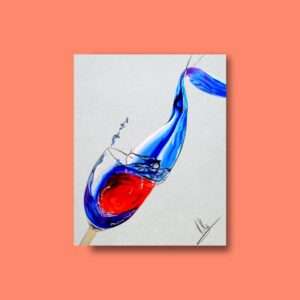 Druck Abstrakte Zeichnung von Wein und Wasser in einem Glas – rote und blaue Farbwellen, Kunst von Jasmin Moody