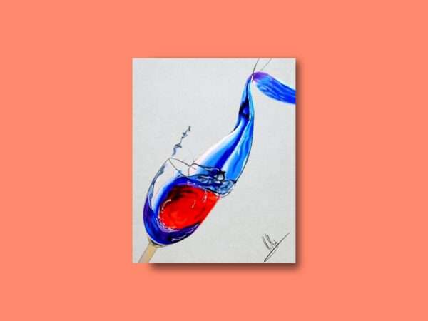 Druck Abstrakte Zeichnung von Wein und Wasser in einem Glas – rote und blaue Farbwellen, Kunst von Jasmin Moody