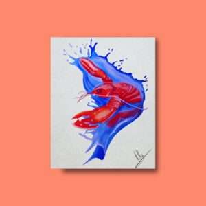 Druck „Lobster Splash“ – Roter Hummer auf blauer Splash-Bewegung von Nia Moody
