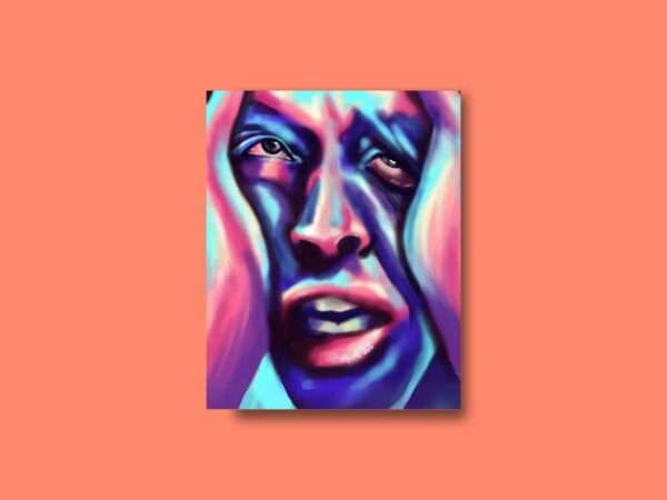 druck Digitales Porträt eines Gesichts in Blau, Pink und Violett - emotionale Kunst von Jasmin Moody