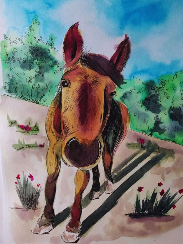 Aquarellzeichnung eines Pferdes mit großen Augen, frontal gezeichnet mit farbigen Akzenten – Tierporträt in natürlicher Umgebung
