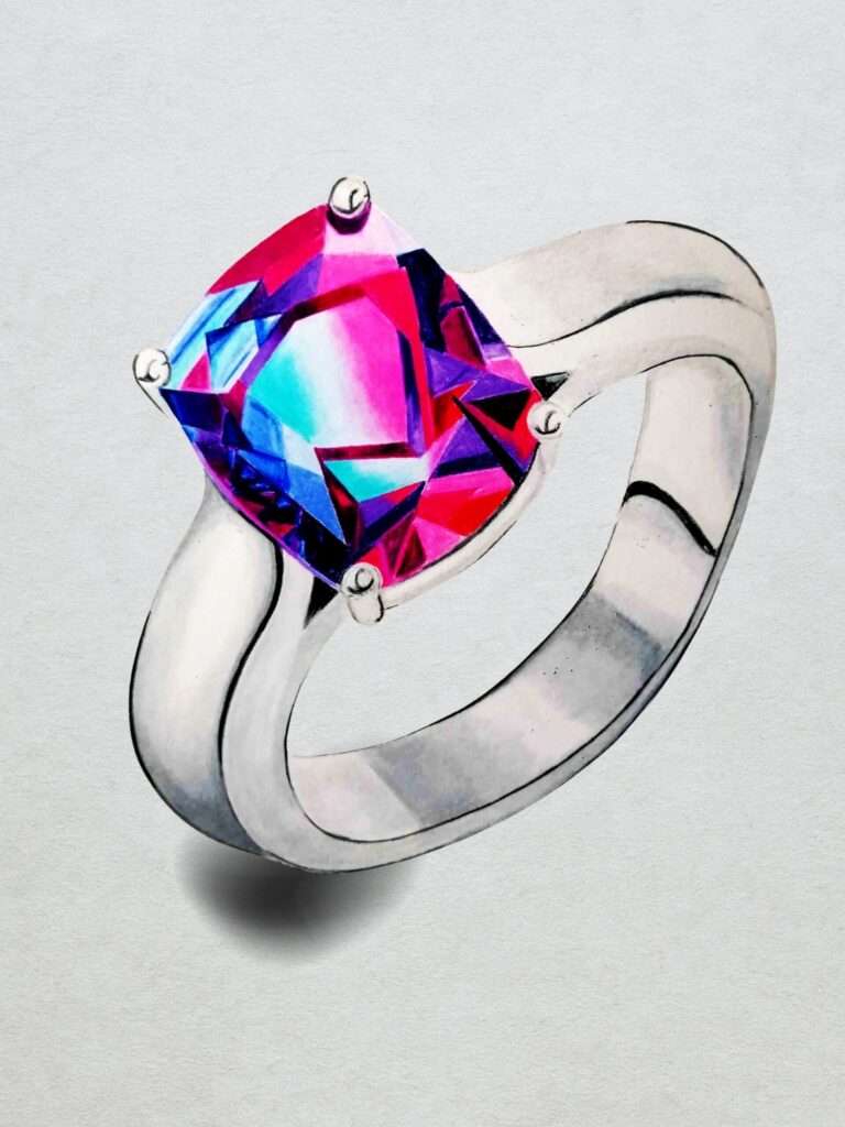Farbstarkes Porträt eines Rings mit buntem Lichtspiel – gezeichnet mit Prismacolor Premier. Kunstvolle Darstellung eines Schmuckobjekts