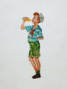 Bunt gezeichnete Retrofigur eines Jungen im Matrosenshirt mit Limonadenflasche – inspiriert von alter Werbung, nostalgisches Kunstmotiv
