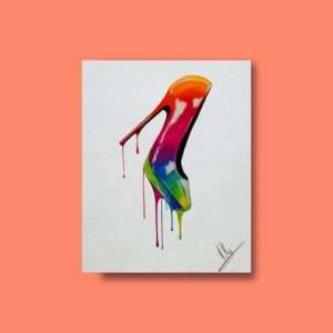 Druck eines farbstarken High Heels mit tropfendem Regenbogenverlauf – Kunstwerk von Nia Moody
