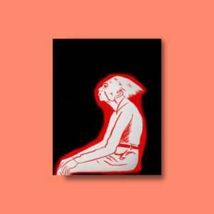 Druck einer sitzenden Figur in roter Silhouette auf schwarzem Hintergrund – grafisches Kunstwerk von Nia Moody