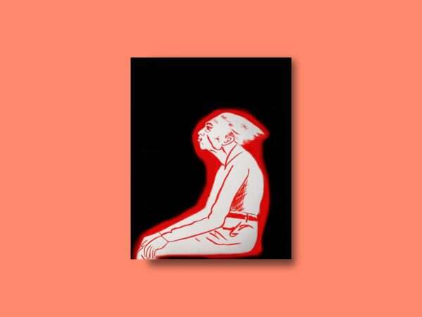 Druck einer sitzenden Figur in roter Silhouette auf schwarzem Hintergrund – grafisches Kunstwerk von Nia Moody