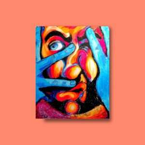 Druck eines farbstarken Gesichts mit blauen Händen, leuchtenden Farben und ausdrucksstarkem Blick – Kunstwerk von Nia Moody