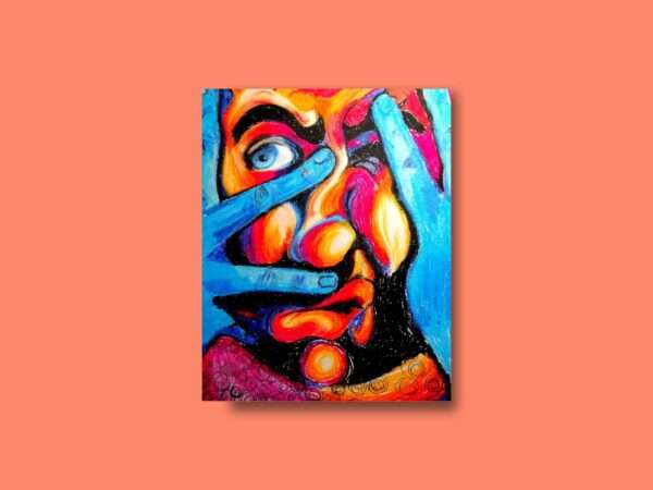 Druck eines farbstarken Gesichts mit blauen Händen, leuchtenden Farben und ausdrucksstarkem Blick – Kunstwerk von Nia Moody