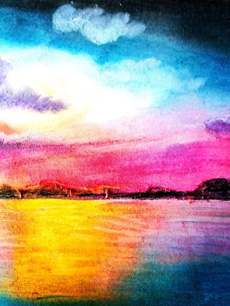 Atmosphärisches Kunstwerk mit Sonnenuntergang in leuchtenden Farben – Softpastell-Landschaft mit Fokus auf Licht und Stille