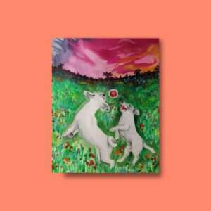 Druck zweier weißer Hunde beim Spielen auf einer bunten Blumenwiese mit Sonnenuntergang – Kunstwerk von Nia Moody