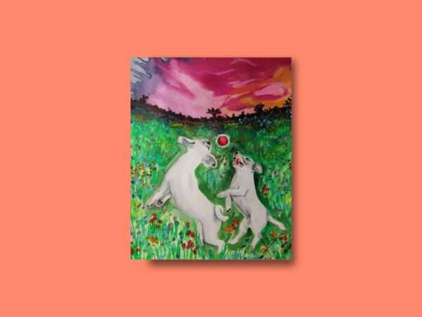 Druck zweier weißer Hunde beim Spielen auf einer bunten Blumenwiese mit Sonnenuntergang – Kunstwerk von Nia Moody