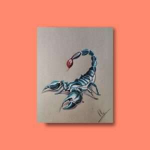 Druck eines blauen Skorpions mit rotem Stachel auf grauem Hintergrund – Kunstwerk von Nia Moody