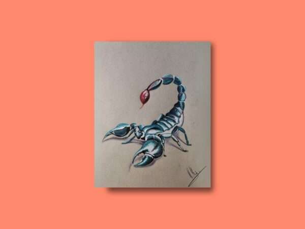 Druck eines blauen Skorpions mit rotem Stachel auf grauem Hintergrund – Kunstwerk von Nia Moody