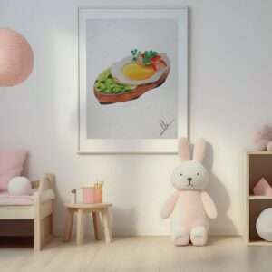 Druck eines Toastbrots mit Spiegelei, Gemüse und Salat – farbenfrohes Food-Art-Motiv von Nia Moody2