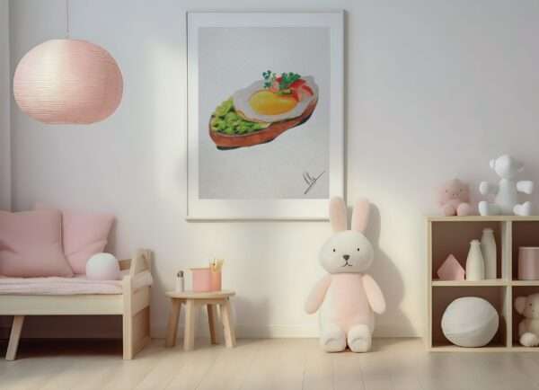 Druck eines Toastbrots mit Spiegelei, Gemüse und Salat – farbenfrohes Food-Art-Motiv von Nia Moody2
