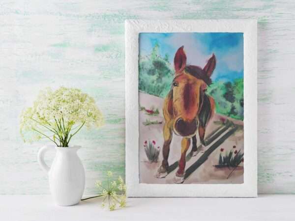 Druck eines neugierigen Pferdes in Aquarell und Fineliner – Nahaufnahme mit freundlichem Blick, Kunst von Nia Moody5