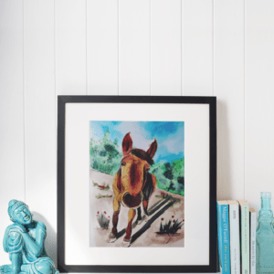 Druck eines neugierigen Pferdes in Aquarell und Fineliner – Nahaufnahme mit freundlichem Blick, Kunst von Nia Moody3