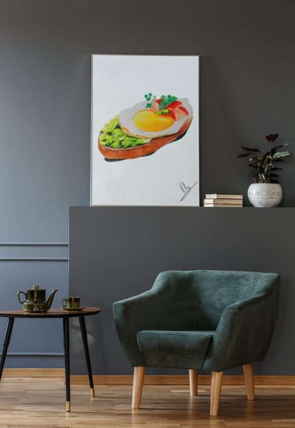 Druck eines Toastbrots mit Spiegelei, Gemüse und Salat – farbenfrohes Food-Art-Motiv von Nia Moody10