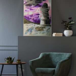 Druck eines Leuchtturms mit violettem Sturmhimmel und aufgewühltem Wasser – atmosphärisches Kunstwerk von Nia Moody 9