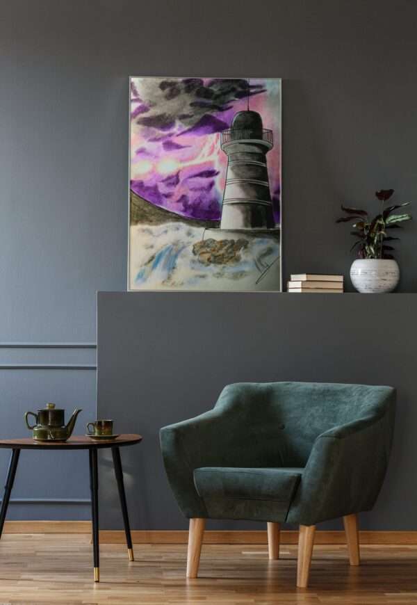 Druck eines Leuchtturms mit violettem Sturmhimmel und aufgewühltem Wasser – atmosphärisches Kunstwerk von Nia Moody 9