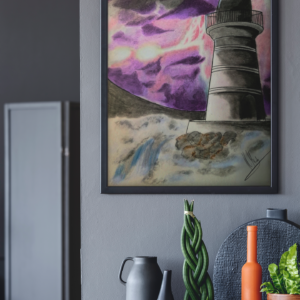 Druck eines Leuchtturms mit violettem Sturmhimmel und aufgewühltem Wasser – atmosphärisches Kunstwerk von Nia Moody 7