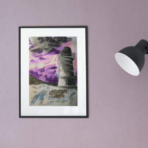 Druck eines Leuchtturms mit violettem Sturmhimmel und aufgewühltem Wasser – atmosphärisches Kunstwerk von Nia Moody 6