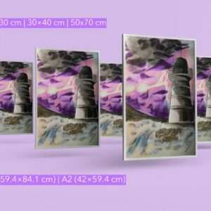Druck eines Leuchtturms mit violettem Sturmhimmel und aufgewühltem Wasser – atmosphärisches Kunstwerk von Nia Moody 4