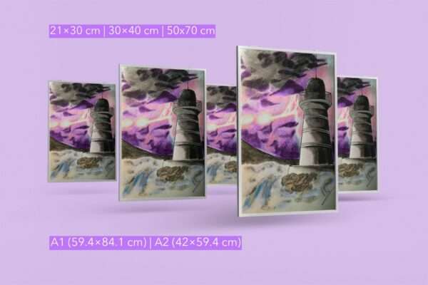 Druck eines Leuchtturms mit violettem Sturmhimmel und aufgewühltem Wasser – atmosphärisches Kunstwerk von Nia Moody 4
