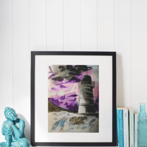 Druck eines Leuchtturms mit violettem Sturmhimmel und aufgewühltem Wasser – atmosphärisches Kunstwerk von Nia Moody 3