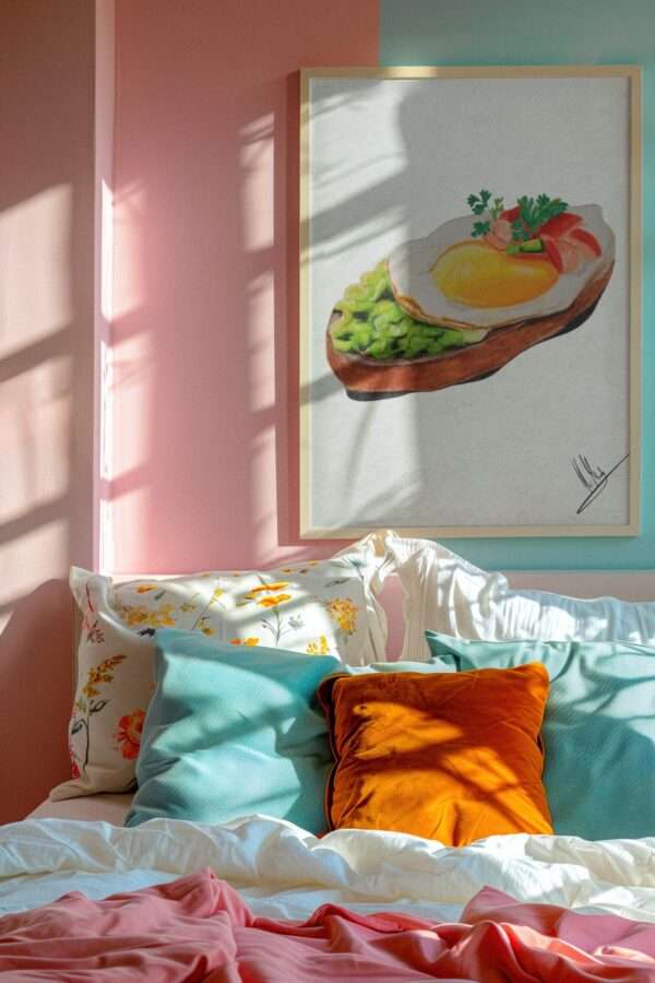 Druck eines Toastbrots mit Spiegelei, Gemüse und Salat – farbenfrohes Food-Art-Motiv von Nia Moody9