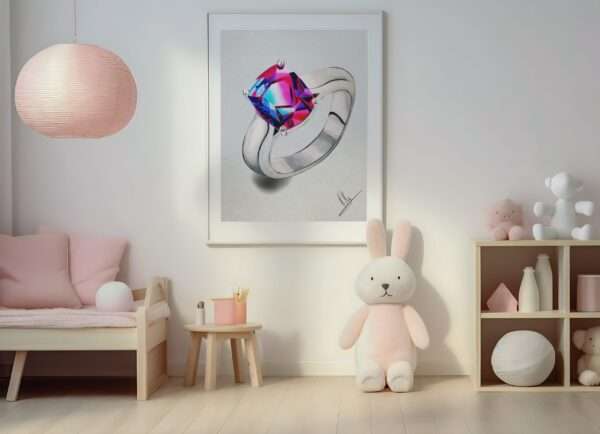 Druck eines silbernen Rings mit leuchtendem Edelstein in Pink-Blau-Violett – Kunstwerk von Nia Moody 10