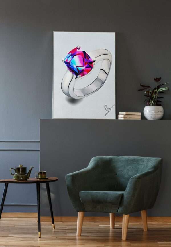 Druck eines silbernen Rings mit leuchtendem Edelstein in Pink-Blau-Violett – Kunstwerk von Nia Moody 9