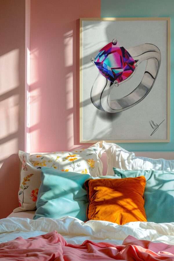 Druck eines silbernen Rings mit leuchtendem Edelstein in Pink-Blau-Violett – Kunstwerk von Nia Moody 8
