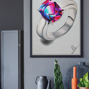 Druck eines silbernen Rings mit leuchtendem Edelstein in Pink-Blau-Violett – Kunstwerk von Nia Moody 7