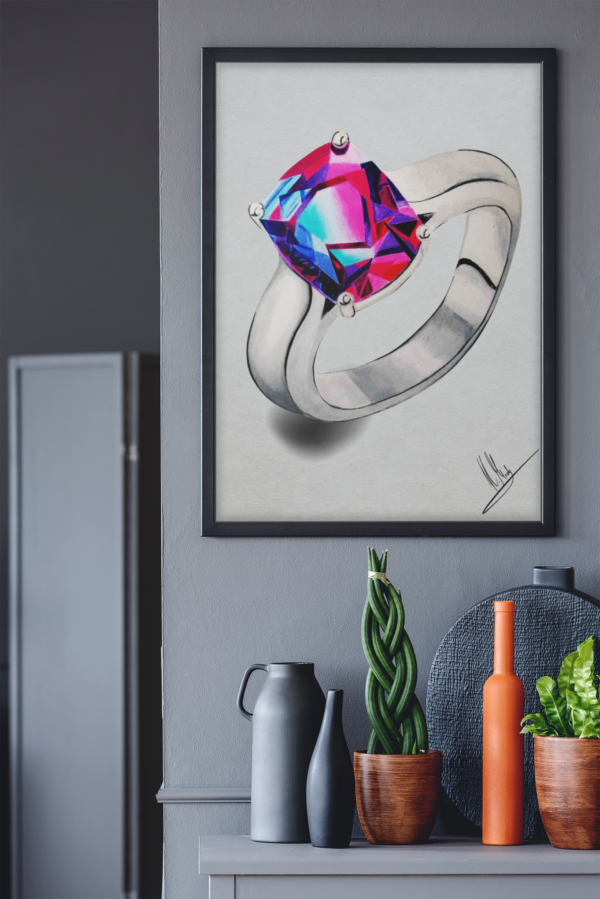 Druck eines silbernen Rings mit leuchtendem Edelstein in Pink-Blau-Violett – Kunstwerk von Nia Moody 7