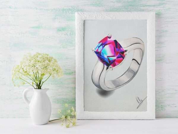 Druck eines silbernen Rings mit leuchtendem Edelstein in Pink-Blau-Violett – Kunstwerk von Nia Moody 5