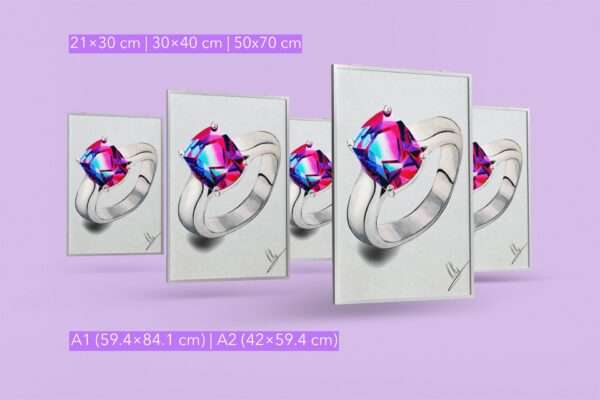Druck eines silbernen Rings mit leuchtendem Edelstein in Pink-Blau-Violett – Kunstwerk von Nia Moody 4