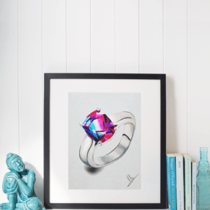 Druck eines silbernen Rings mit leuchtendem Edelstein in Pink-Blau-Violett – Kunstwerk von Nia Moody 3