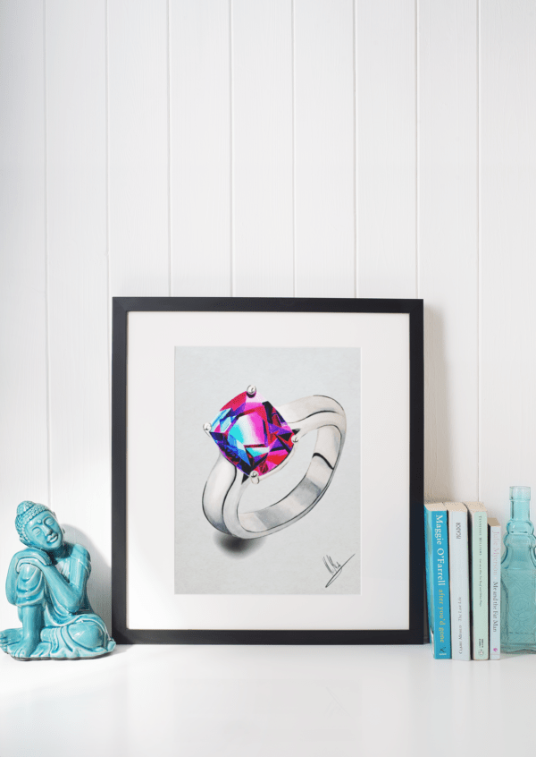 Druck eines silbernen Rings mit leuchtendem Edelstein in Pink-Blau-Violett – Kunstwerk von Nia Moody 3
